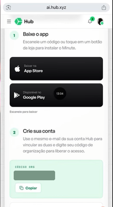 Tela com links das lojas e o código da organização