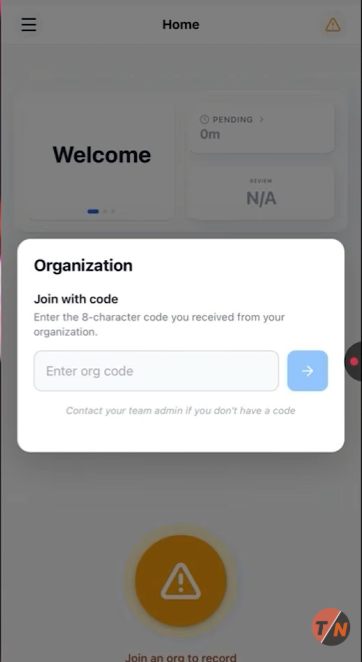 Janela para digitar o código da organização no app