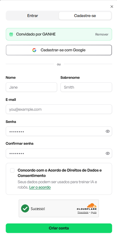 Formulário de cadastro com nome, sobrenome, e-mail e senha