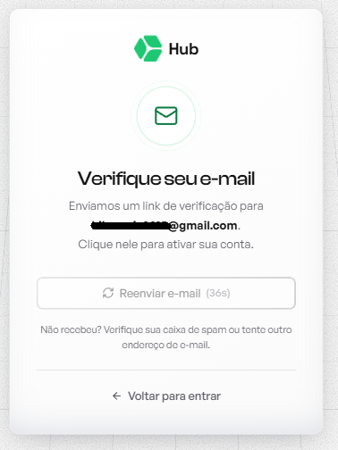 Aviso da HUB pedindo verificação de e-mail