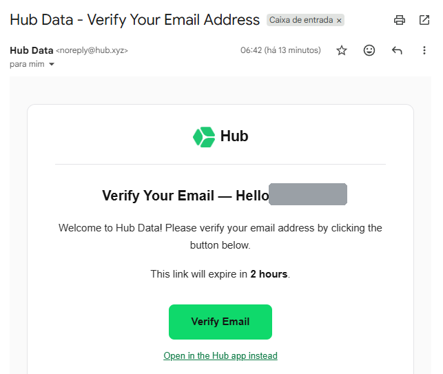 E-mail da Hub Data com o botão Verify Email