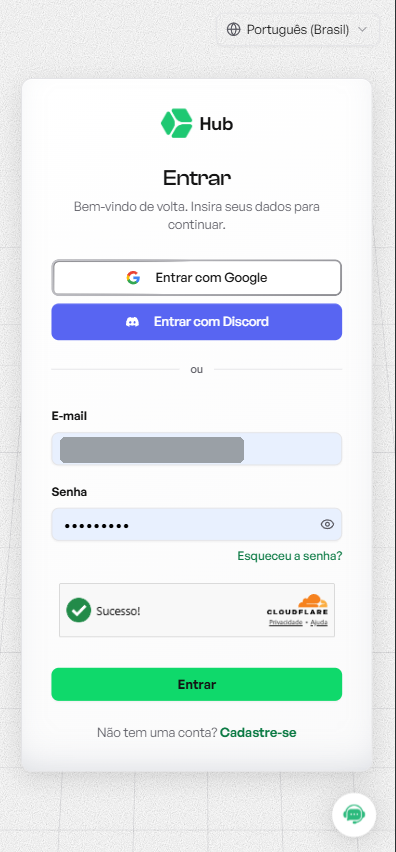 Tela de login da HUB com campos de e-mail e senha